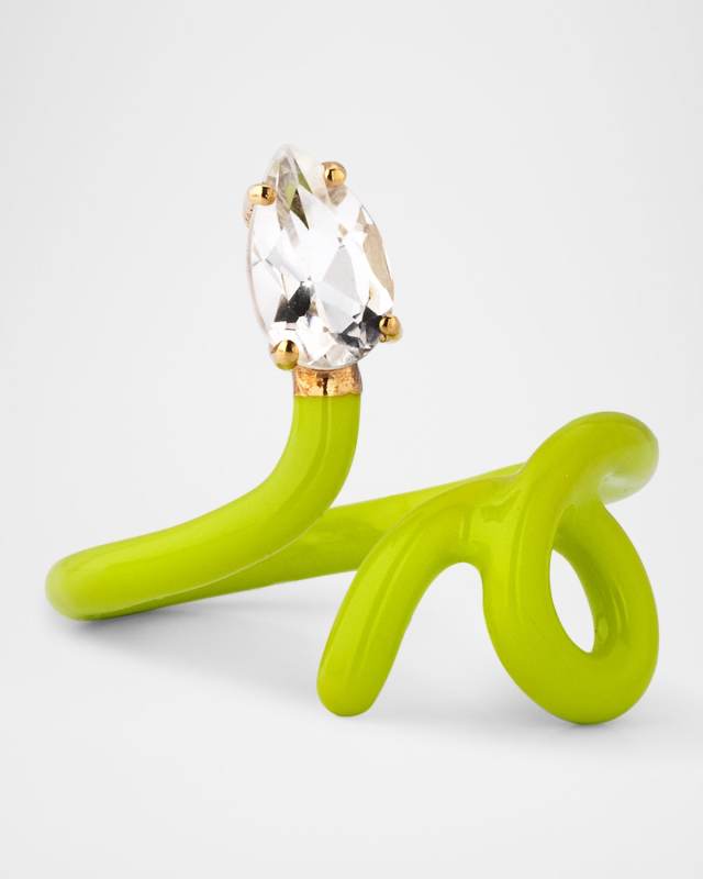 Baby Vine Tendril Statement Ring with Lime Green Enamel and Rock Crystal